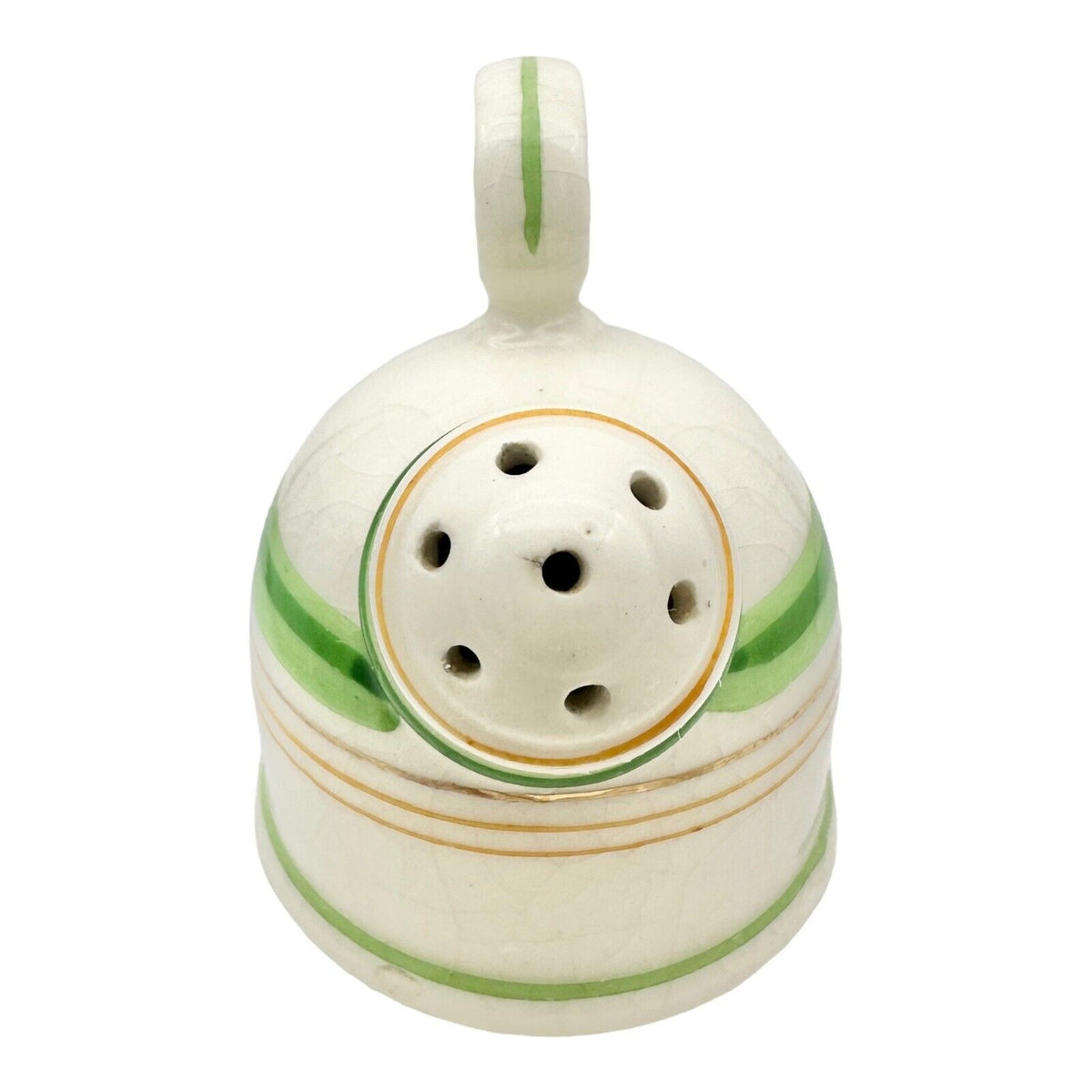 Vintage 3pc Salt & Pepper Shakers & Tray White Ceramic Green & Gold Lines Japan