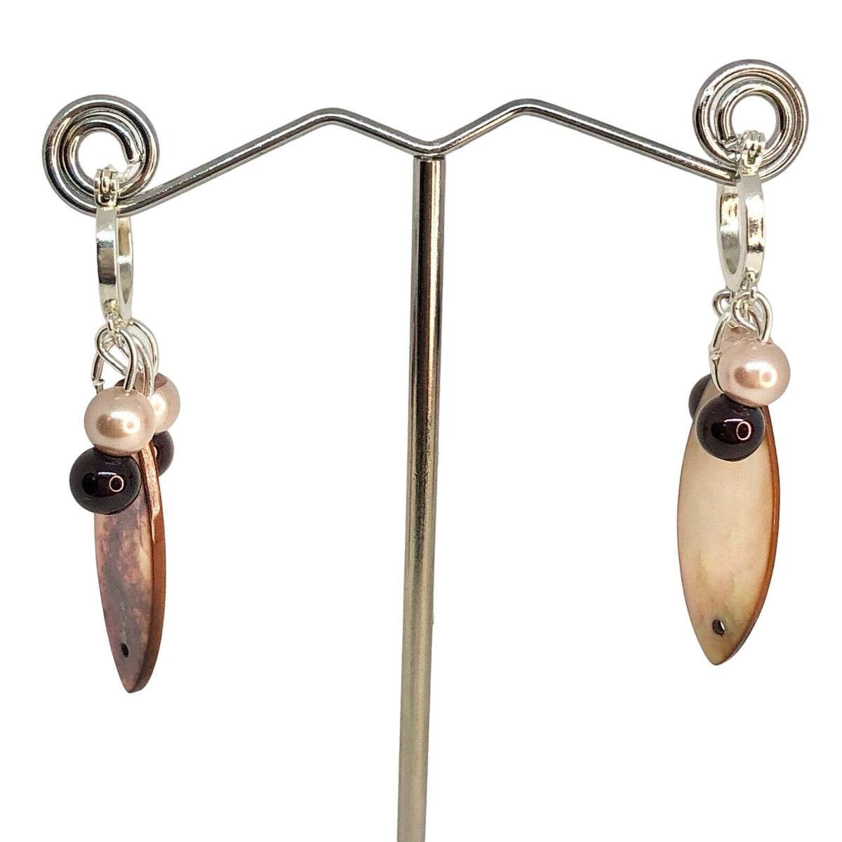 Handcrafted Beaded Earrings Clear Variegated Brown Oblong Glass Beads Unique NEW