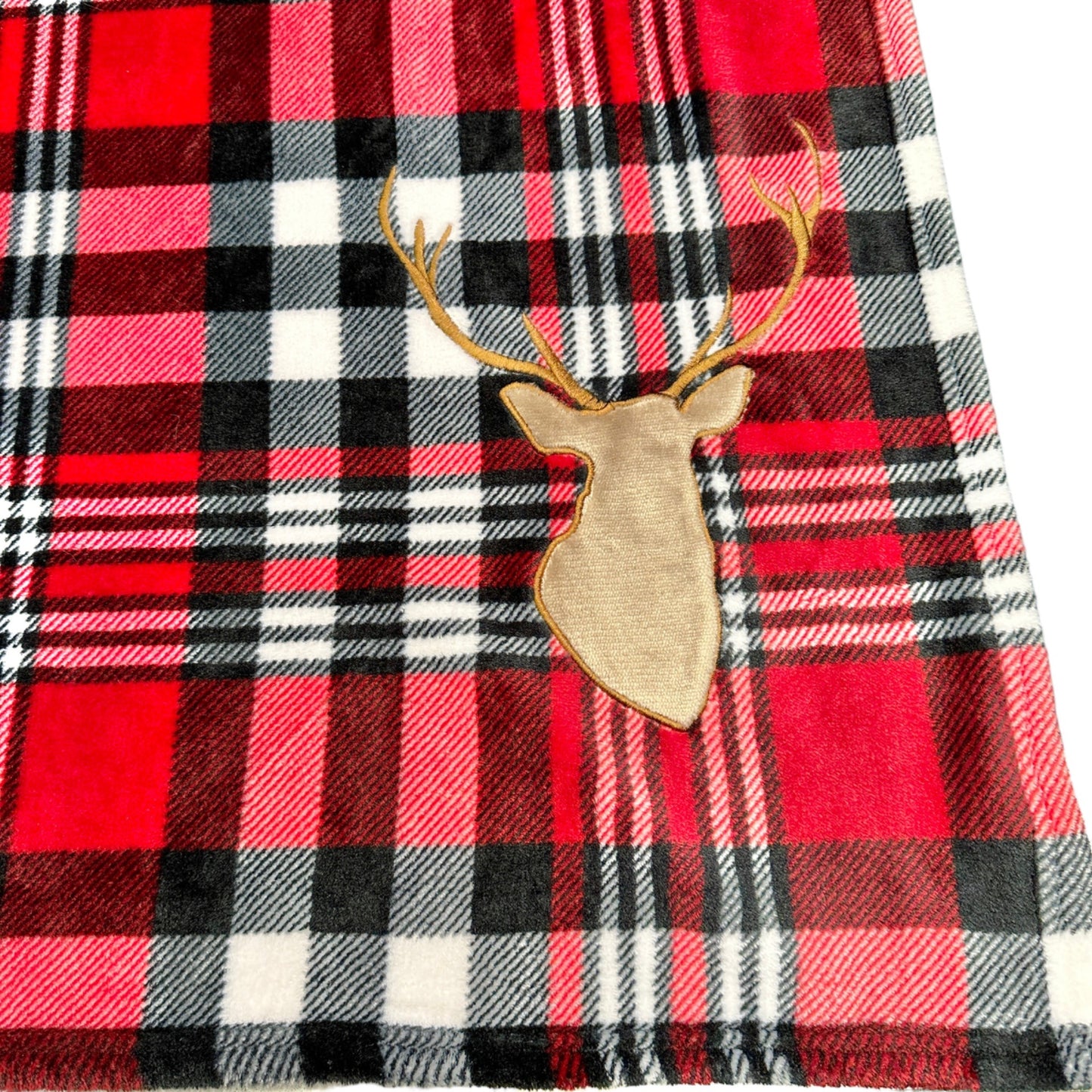 Elle Decor Throw Blanket 72x47 Red Black Plaid Deer Head Embellishment Soft