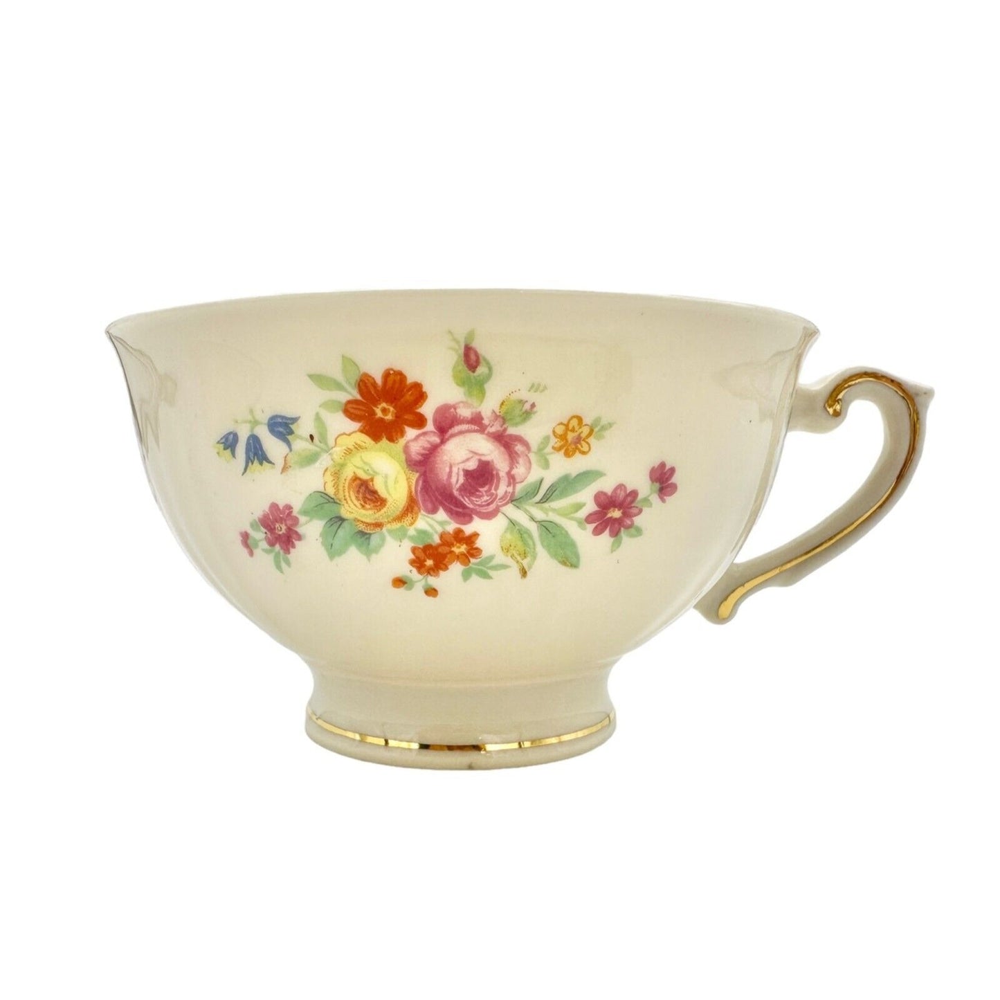 Federal Shape Syracuse China Cup and Saucer 6 inch Cream Flowers Gold Trim