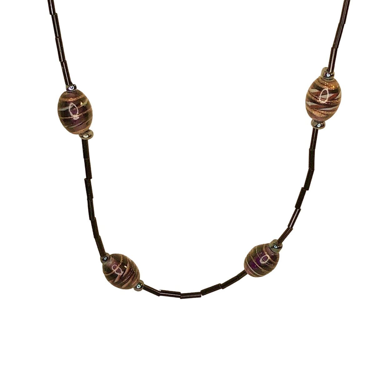 Handcrafted Beaded Necklace Black, Purple & Gold Glass Beads Simply Elegant NEW