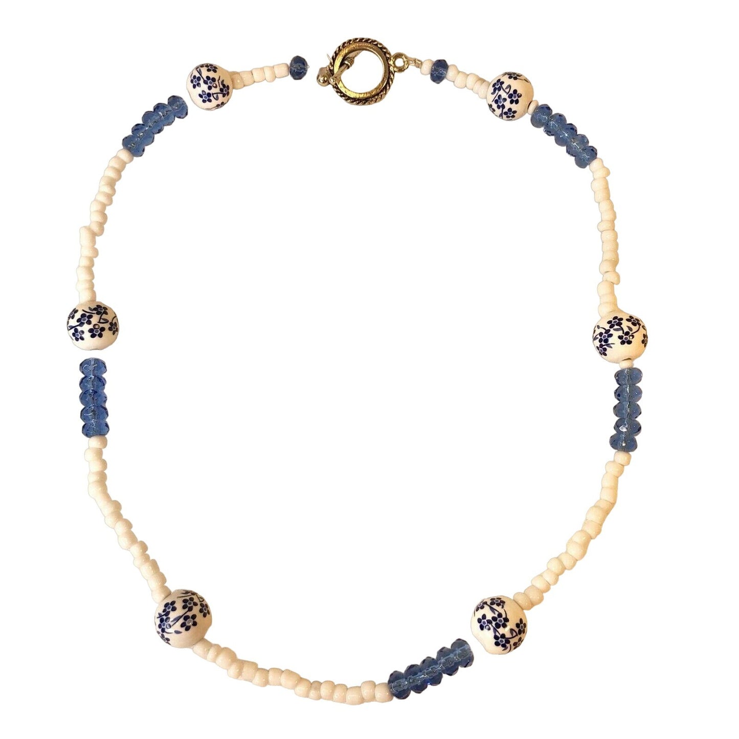 Handcrafted Beaded Necklace White & Blue Beads Floral Glass Ceramic Jewelry NEW