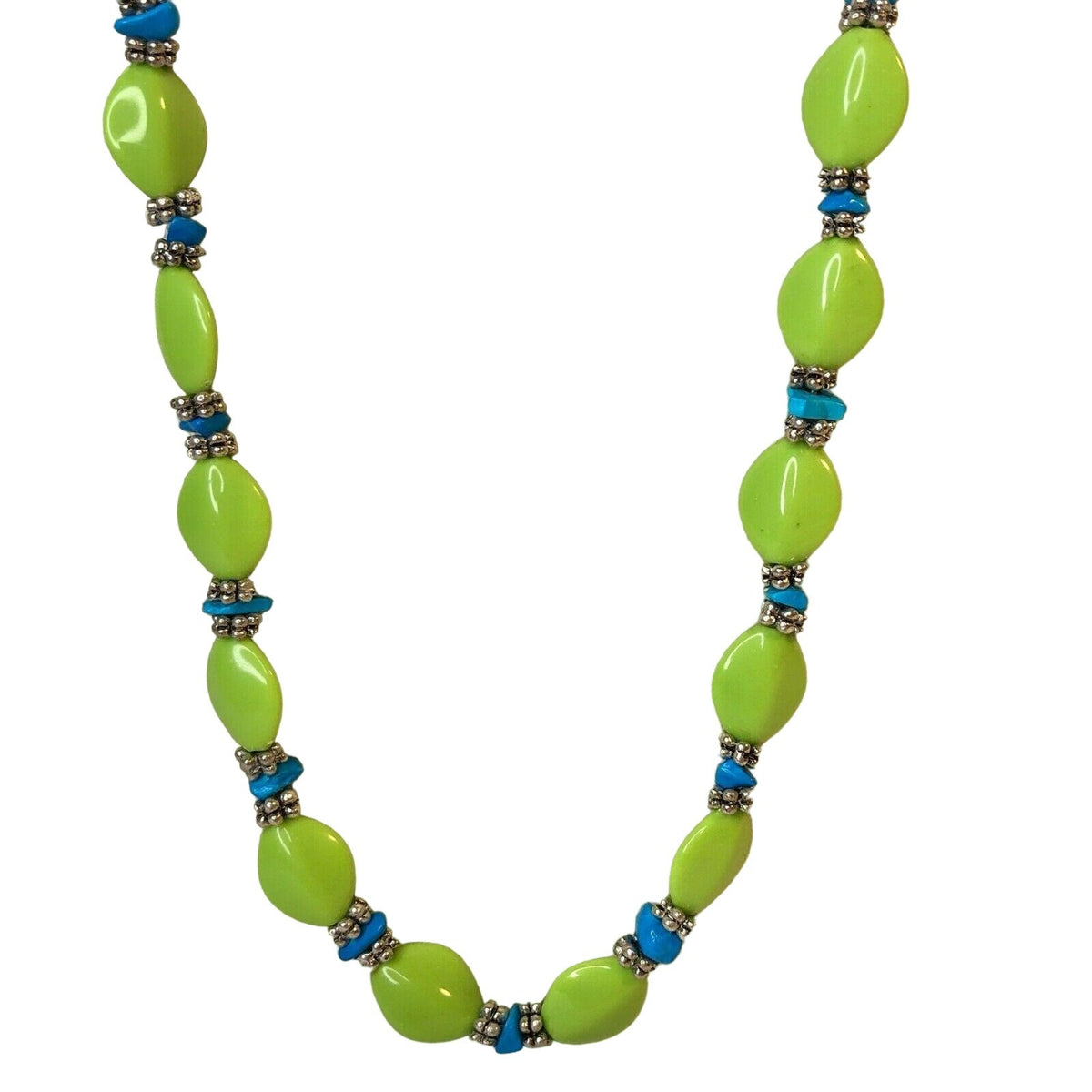 Handcrafted Lime Green & Blue Beaded Necklace With Toggle Clasp