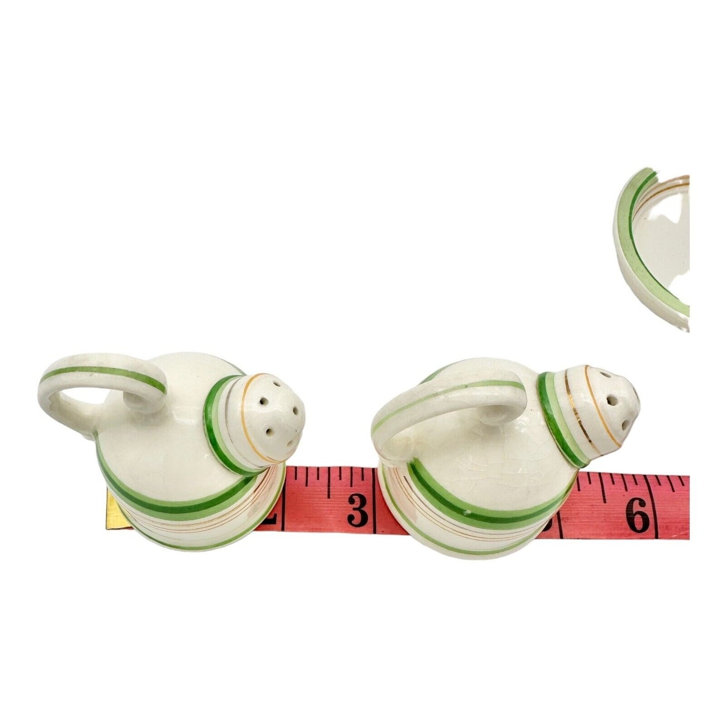 Vintage 3pc Salt & Pepper Shakers & Tray White Ceramic Green & Gold Lines Japan