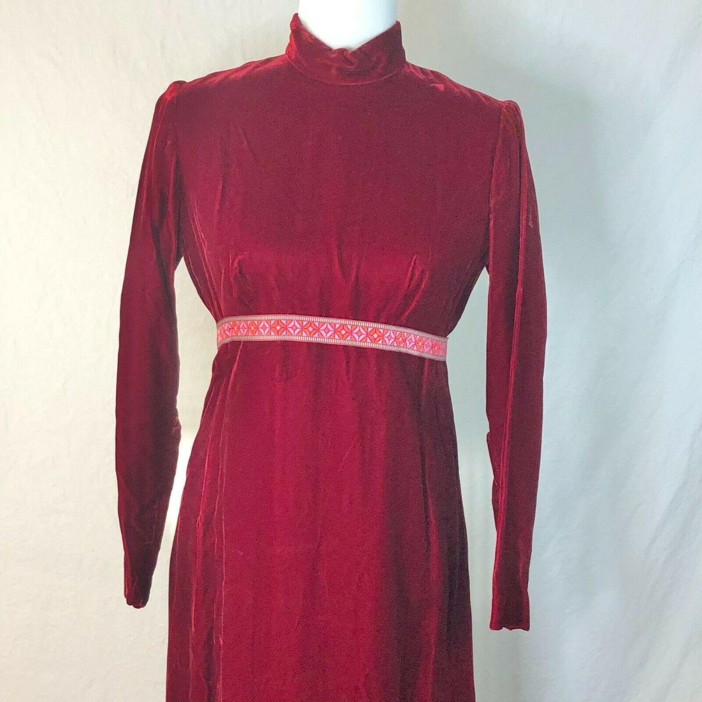 Vintage Long Velvet LS Maroon Empire Waist Dress Handmade Modest