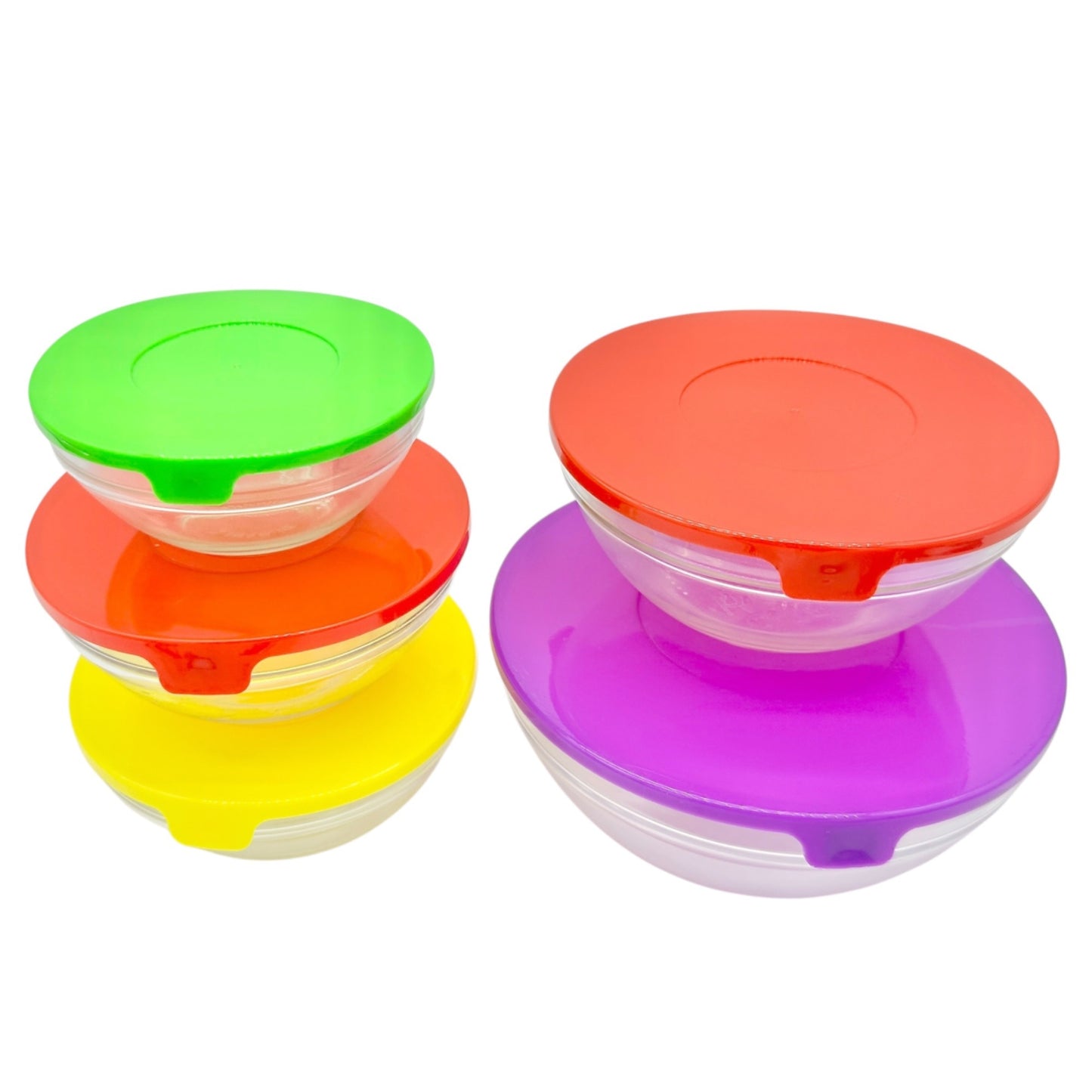 Set Of 5 Glass Bowls Colorful Matching Lids Food Storage Or Leftovers
