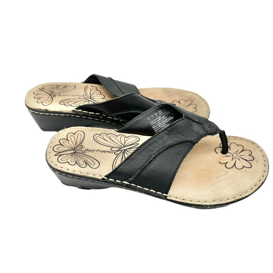 Hush Puppies Womens Size 9M Black Leather Thong Sandals Wedge Heel