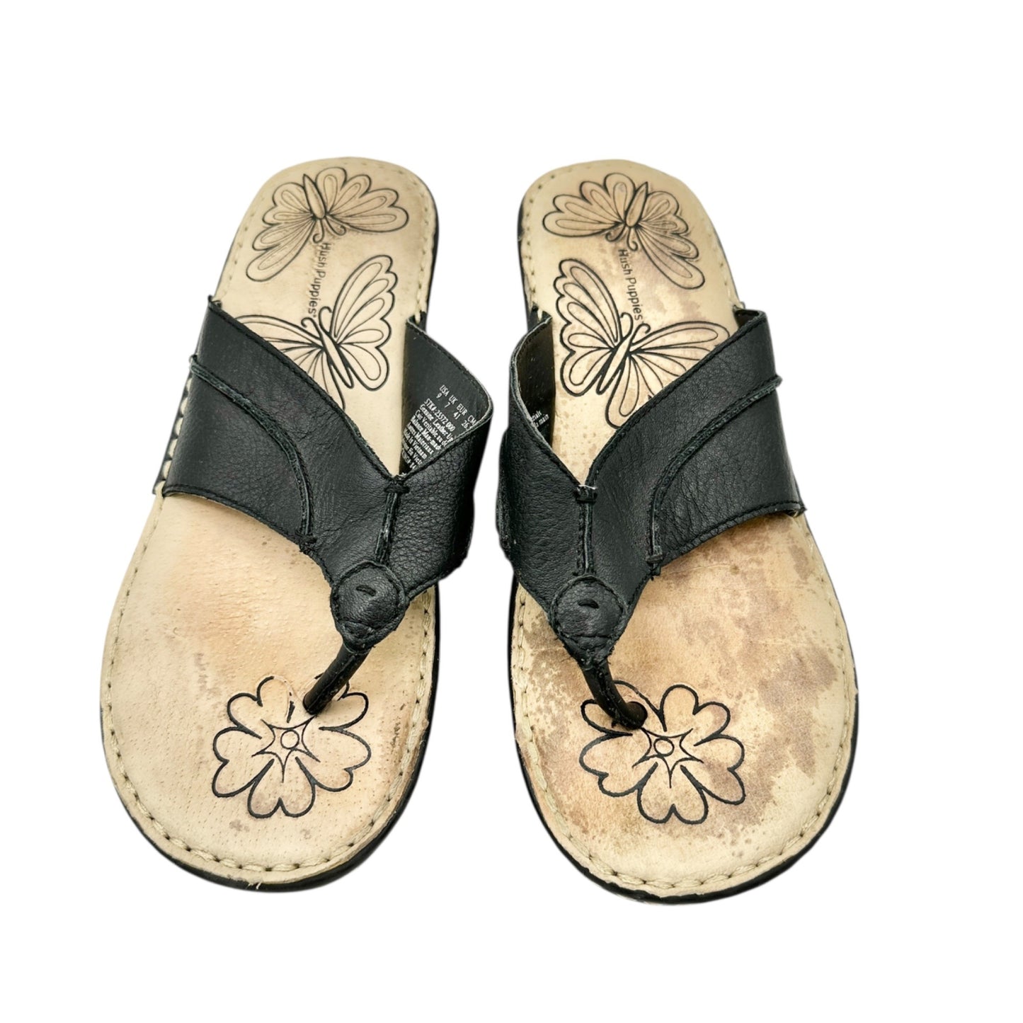 Hush Puppies Womens Size 9M Black Leather Thong Sandals Wedge Heel