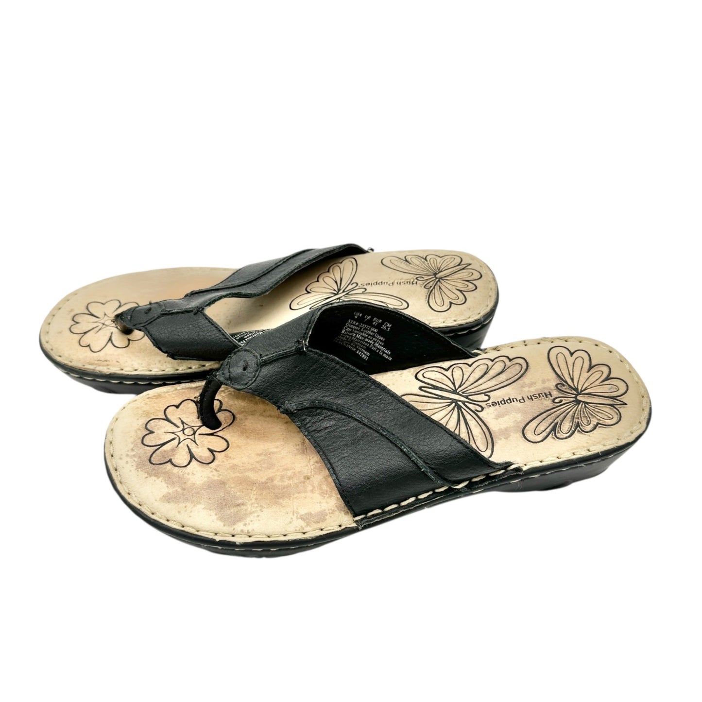Hush Puppies Womens Size 9M Black Leather Thong Sandals Wedge Heel