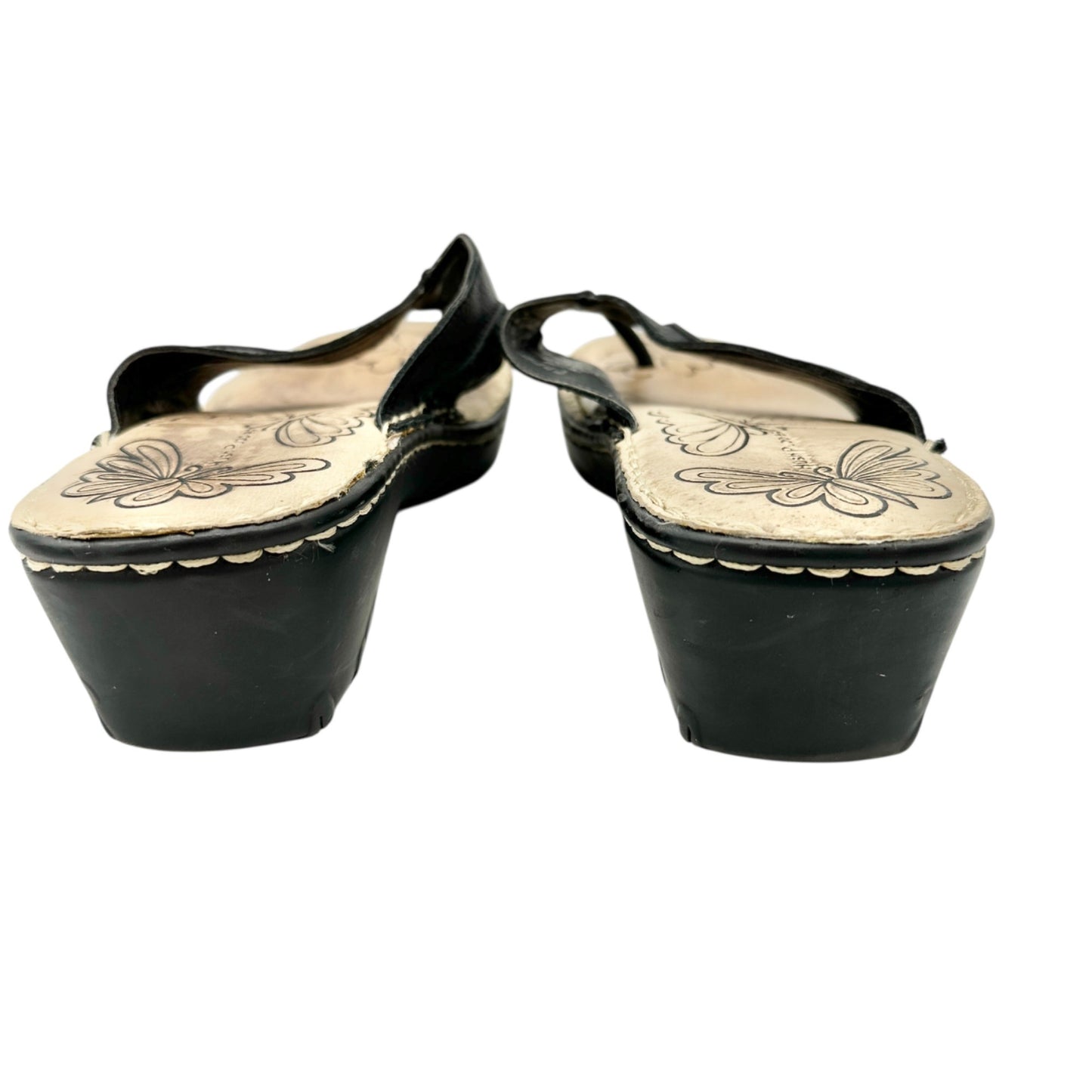 Hush Puppies Womens Size 9M Black Leather Thong Sandals Wedge Heel