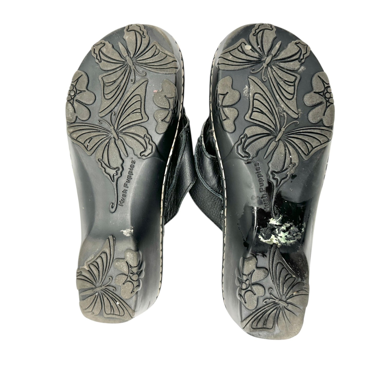 Hush Puppies Womens Size 9M Black Leather Thong Sandals Wedge Heel