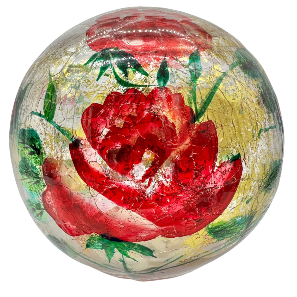 Lighted Glass Sphere Red Flowers Gold Accents Battery Operated Decor Ball 6"Dia