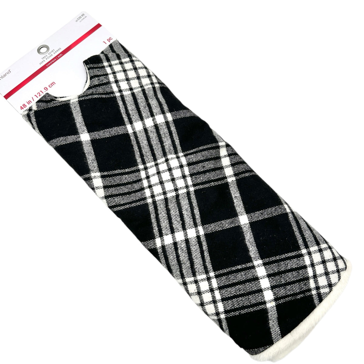 Ashland Holiday Christmas Tree Skirt Black White Plaid with Faux Fur Edge 48”