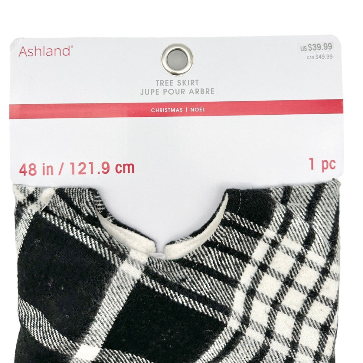 Ashland Holiday Christmas Tree Skirt Black White Plaid with Faux Fur Edge 48”