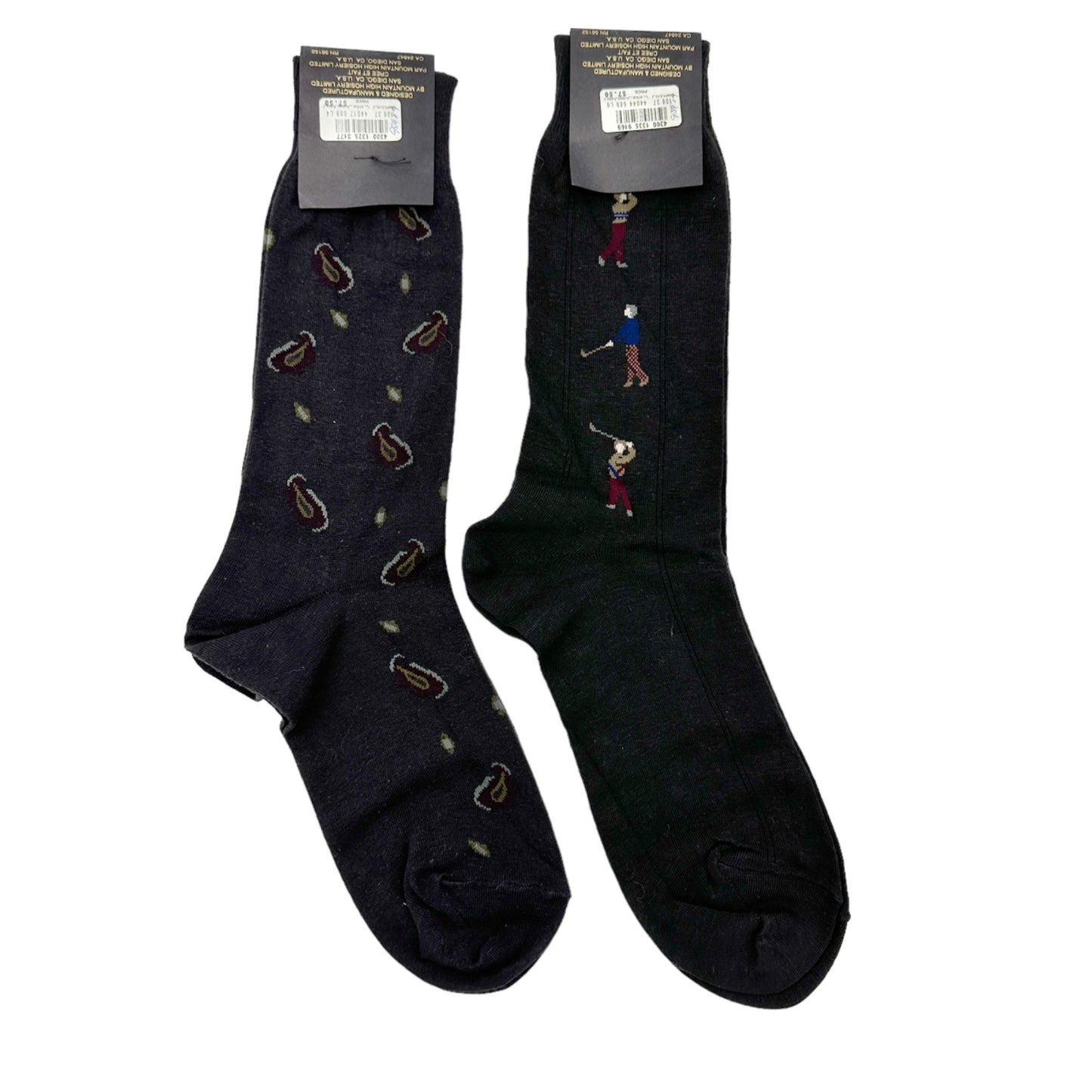 Mountain High Hosiery Socks Men's 10-13 TWO PAIRS Black Golfers and Paisley NWT