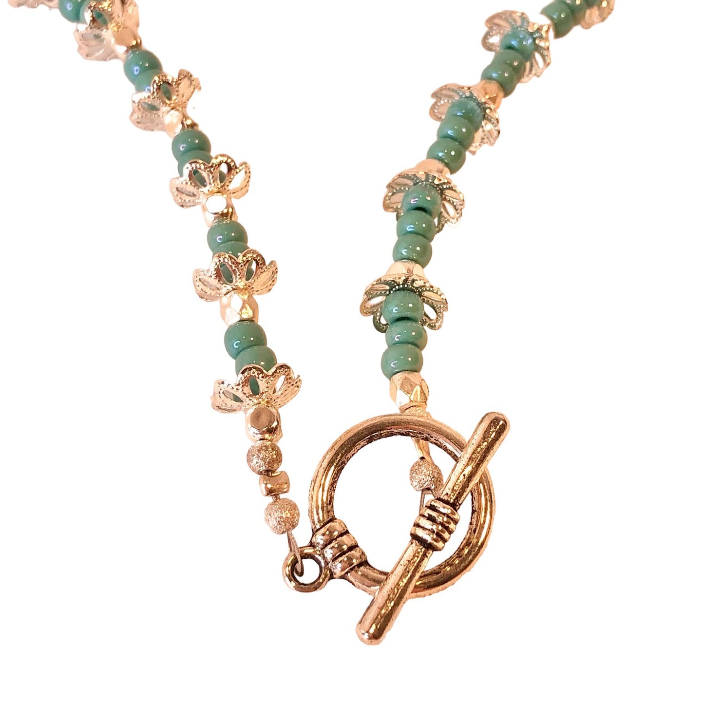 Handcrafted Bead Necklace Teal & Silver Beads Simple Classic Long Beautiful NEW