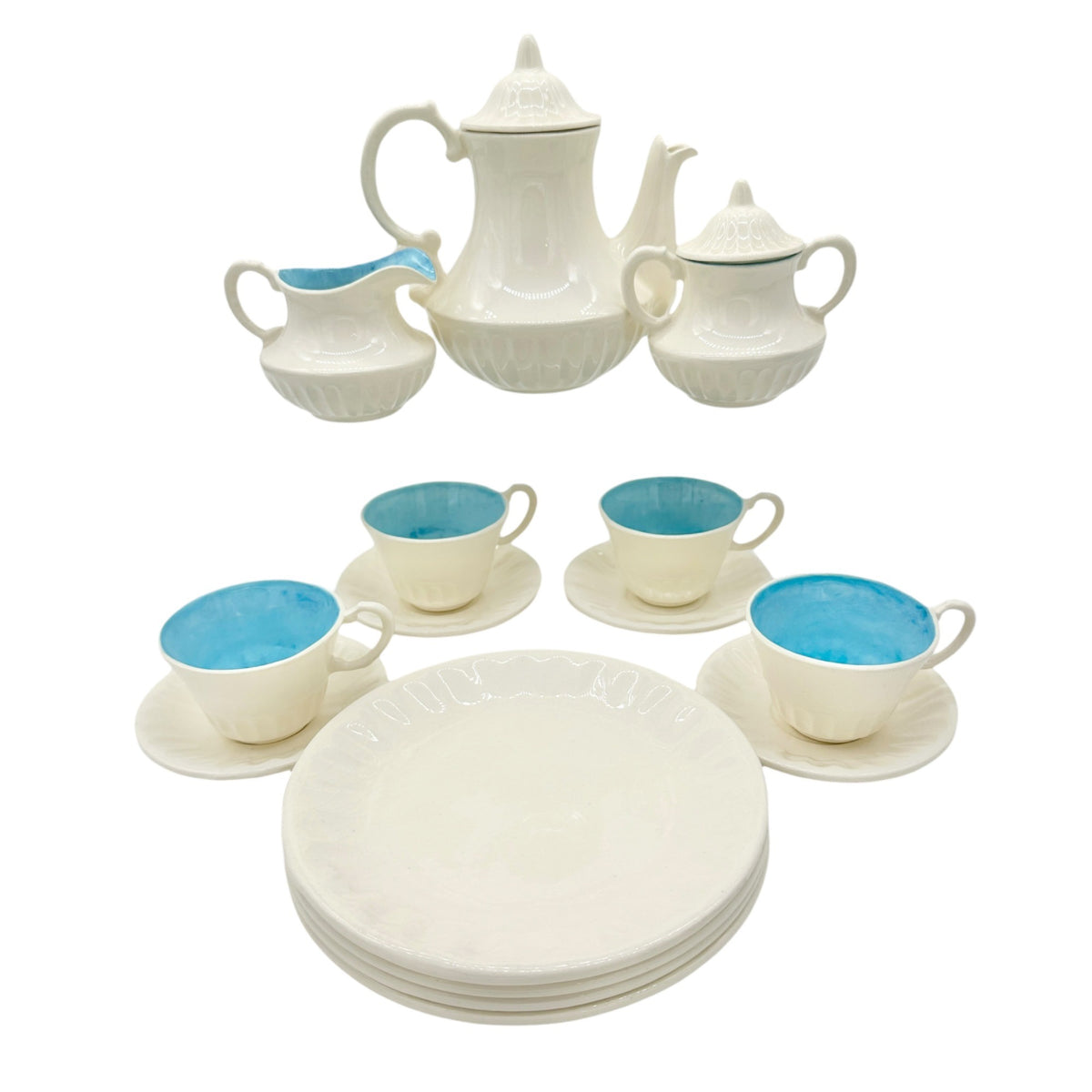 Childrens 17 Piece Ceramic Tea Set With Blue Interiors and White Exterior Design