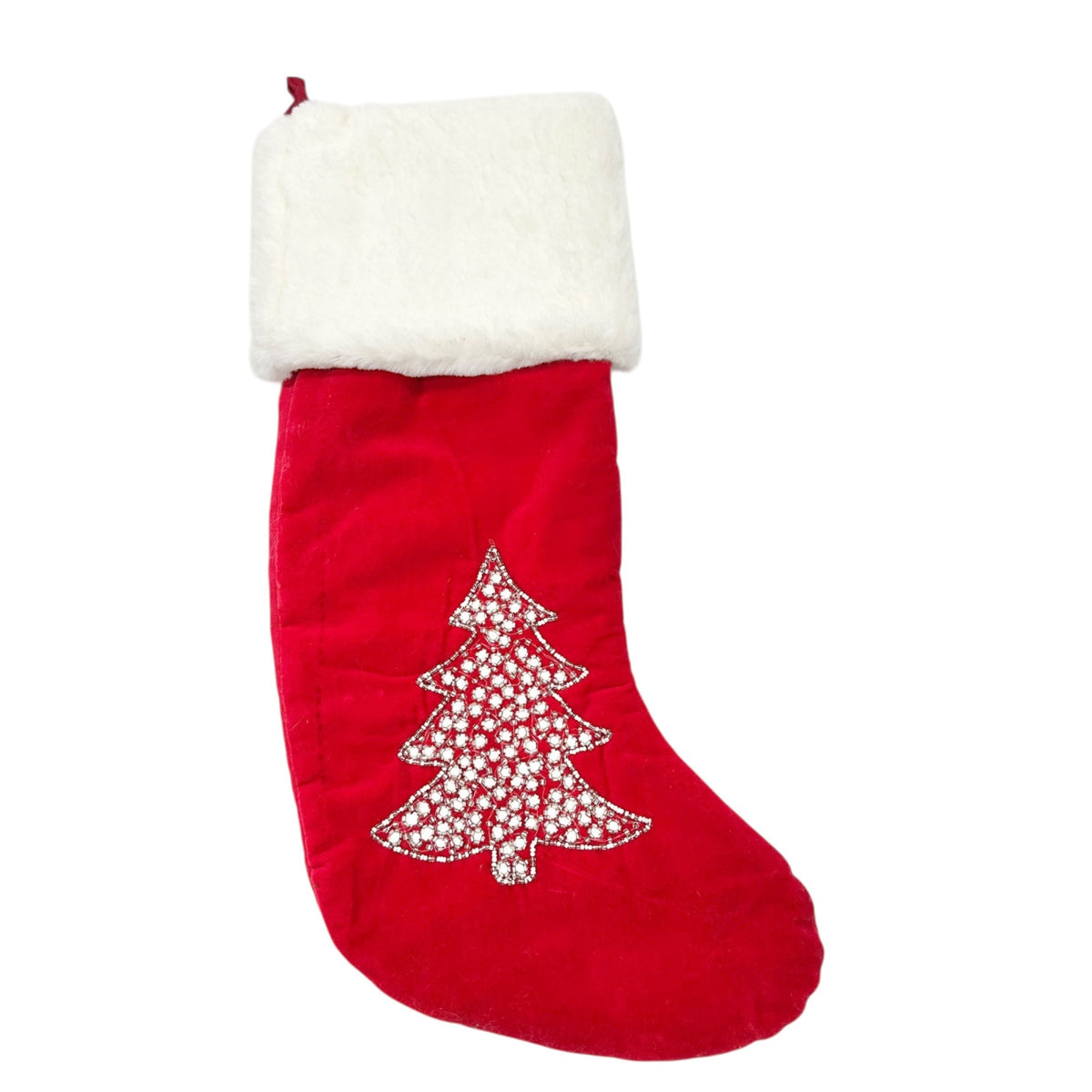 Max Studio Home Red Velvet Christmas Stocking Faux Fur Cuff Beaded Tree Design