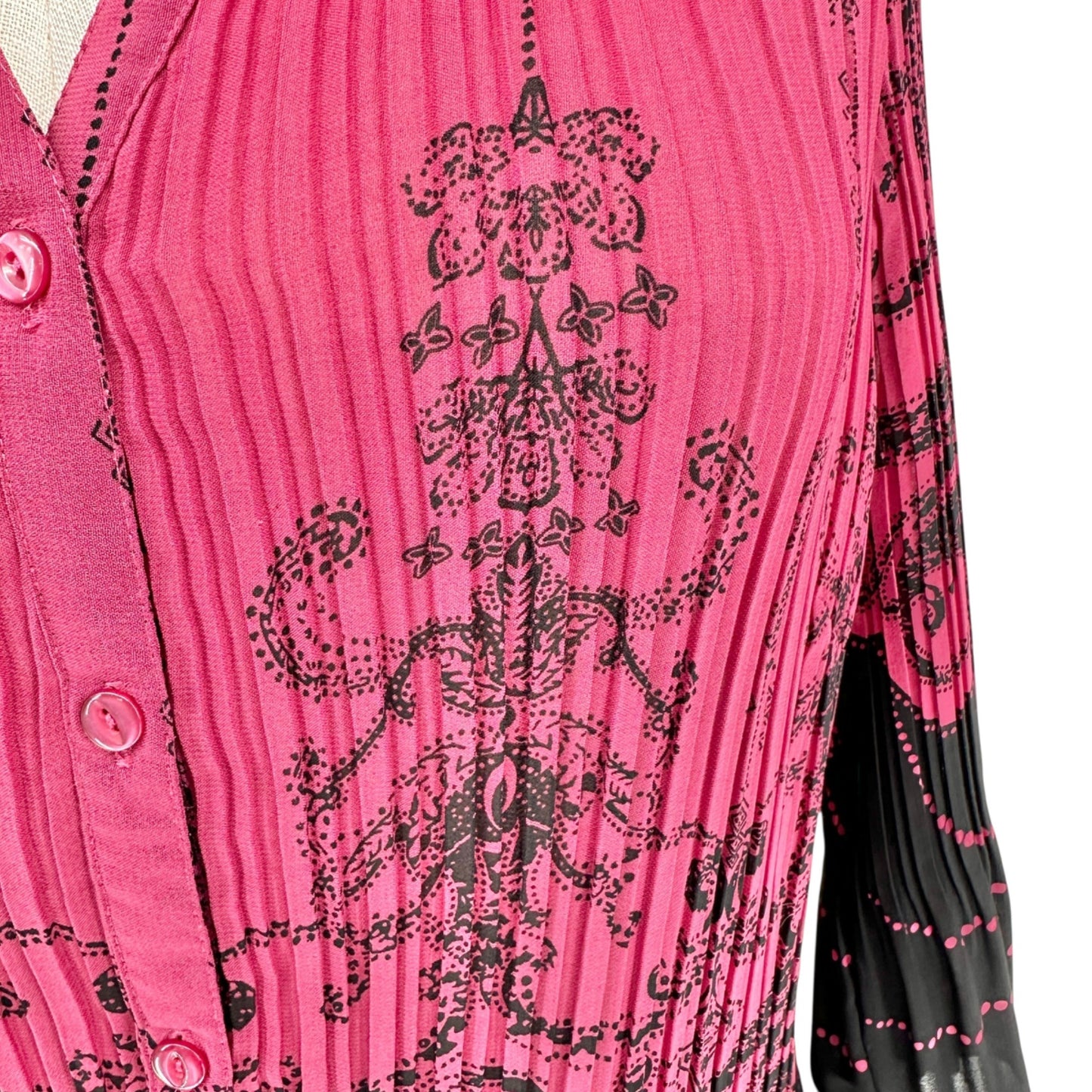 Lane Bryant Womens 18/20W Blouse Dark Pink Black Sheer Button-Down 3/4 Sleeves