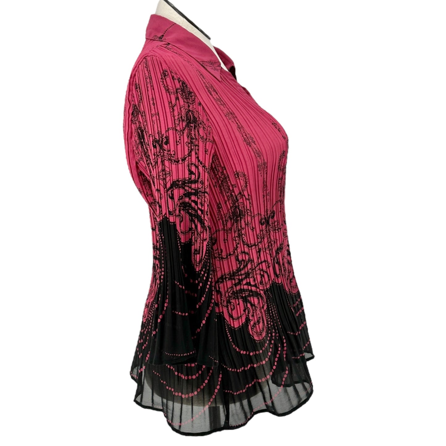 Lane Bryant Womens 18/20W Blouse Dark Pink Black Sheer Button-Down 3/4 Sleeves