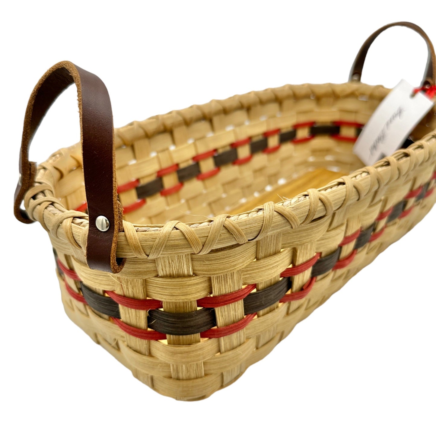 Handmade Basket Bread Basket Red and Green Accent Leather Handles Wood Base