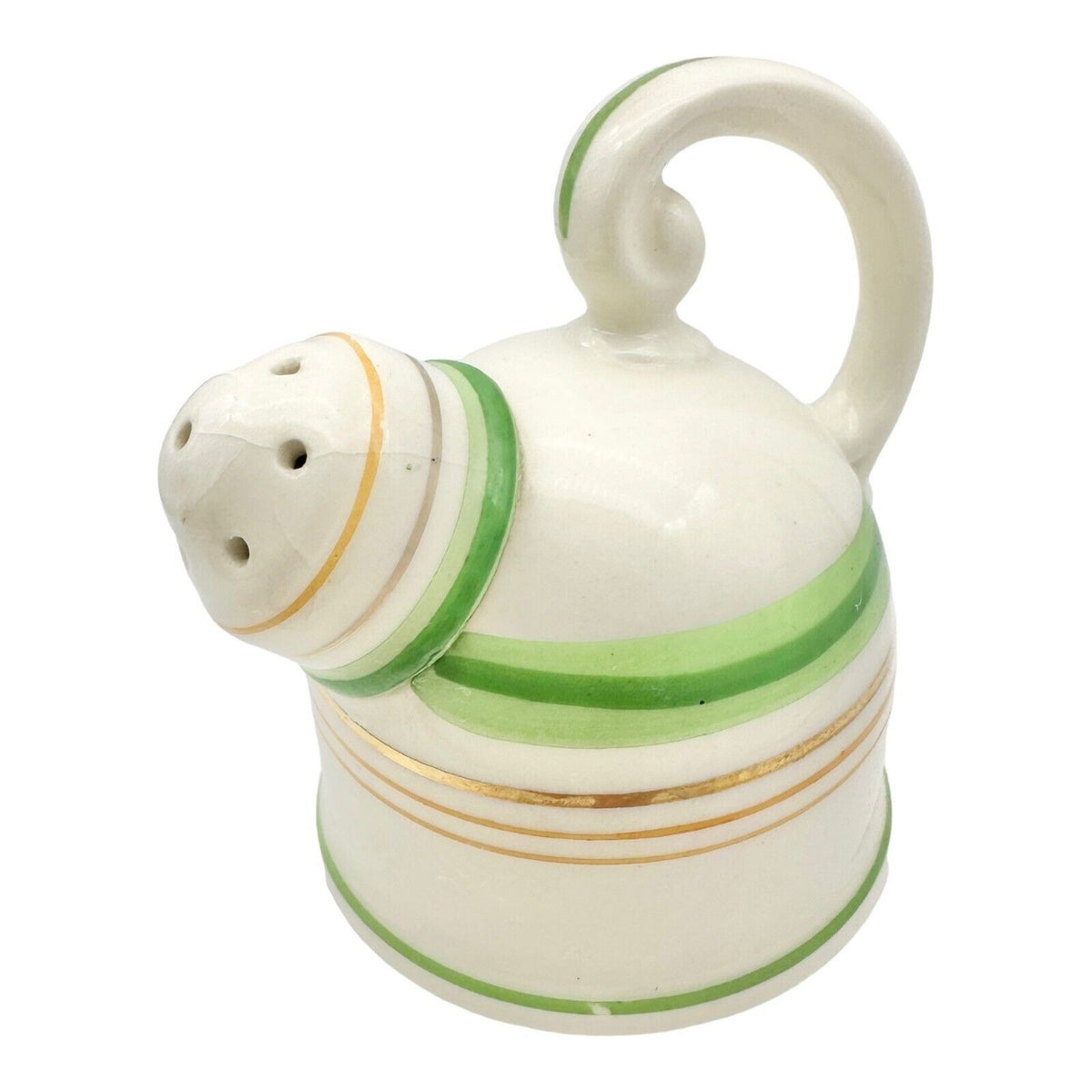 Vintage 3pc Salt & Pepper Shakers & Tray White Ceramic Green & Gold Lines Japan