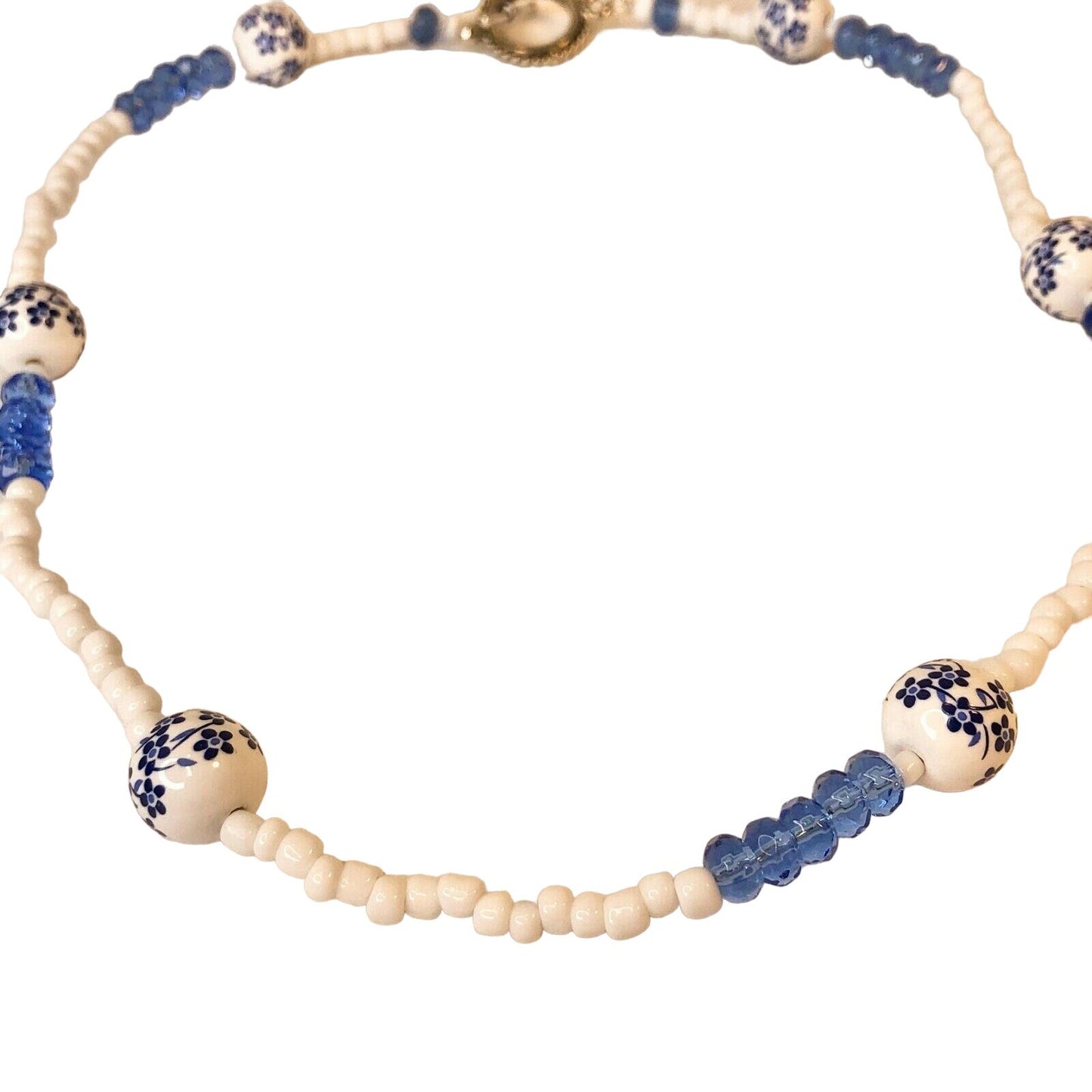 Handcrafted Beaded Necklace White & Blue Beads Floral Glass Ceramic Jewelry NEW