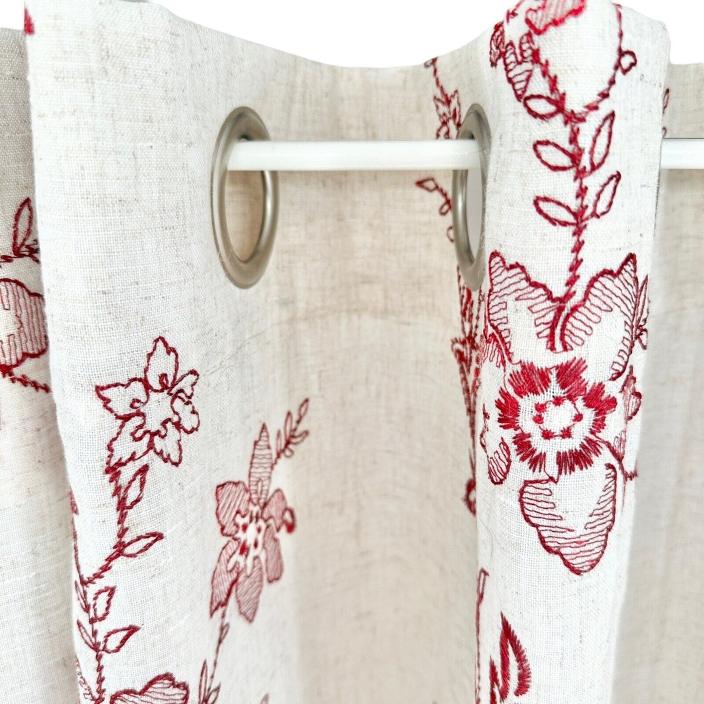 Pair of Curtain Panels 86 x 53 each Linen Red Stitched Flowers Grommets