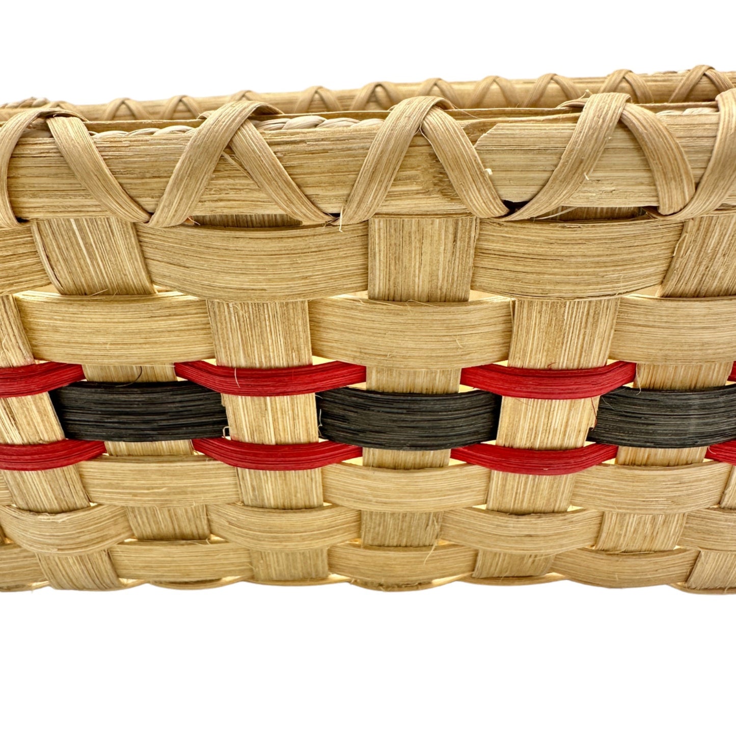 Handmade Basket Bread Basket Red and Green Accent Leather Handles Wood Base