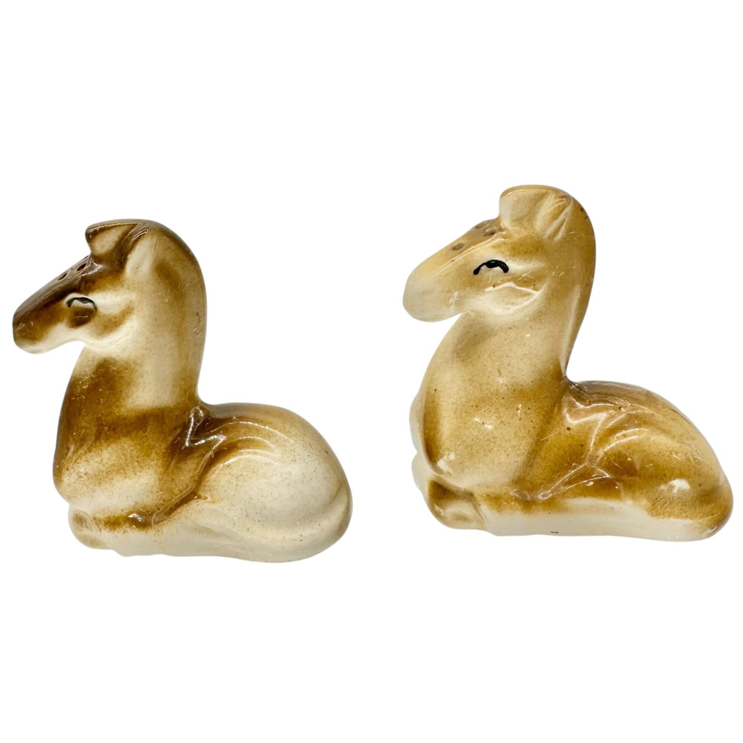 Vtg Ceramic Horse Salt and Pepper Shakers Cork Stoppers Japan Brown Mid-Century