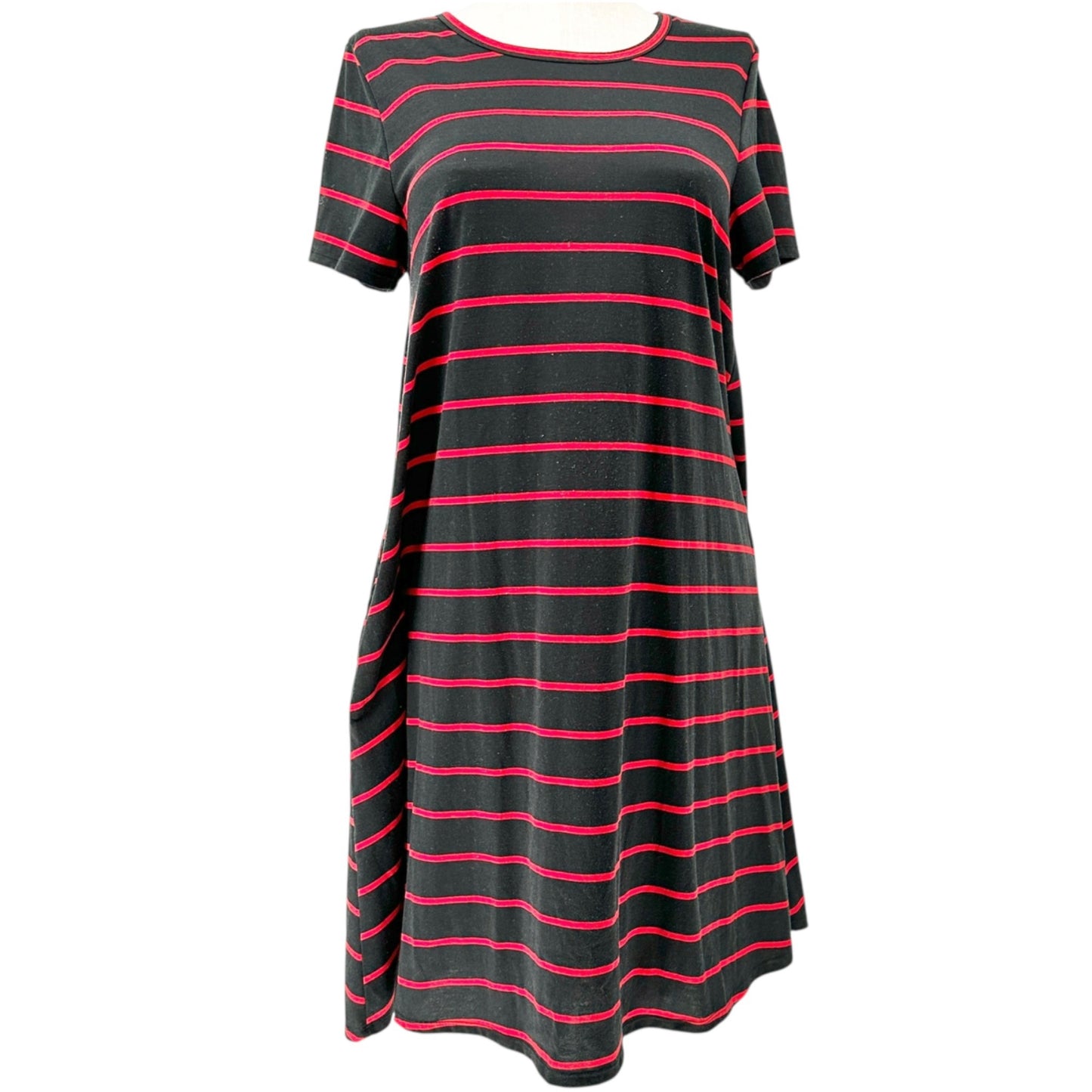LuLaRoe Jessie Swing Dress Womens XL Black w Red Stripes SS Side Pockets Soft