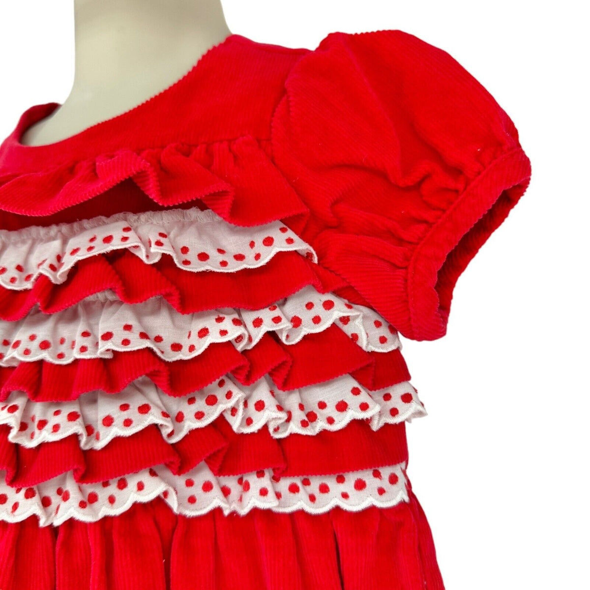 Hanna Andersson Girls 110 US 5 Dress Corduroy Red White Ruffled Cap Sleeves