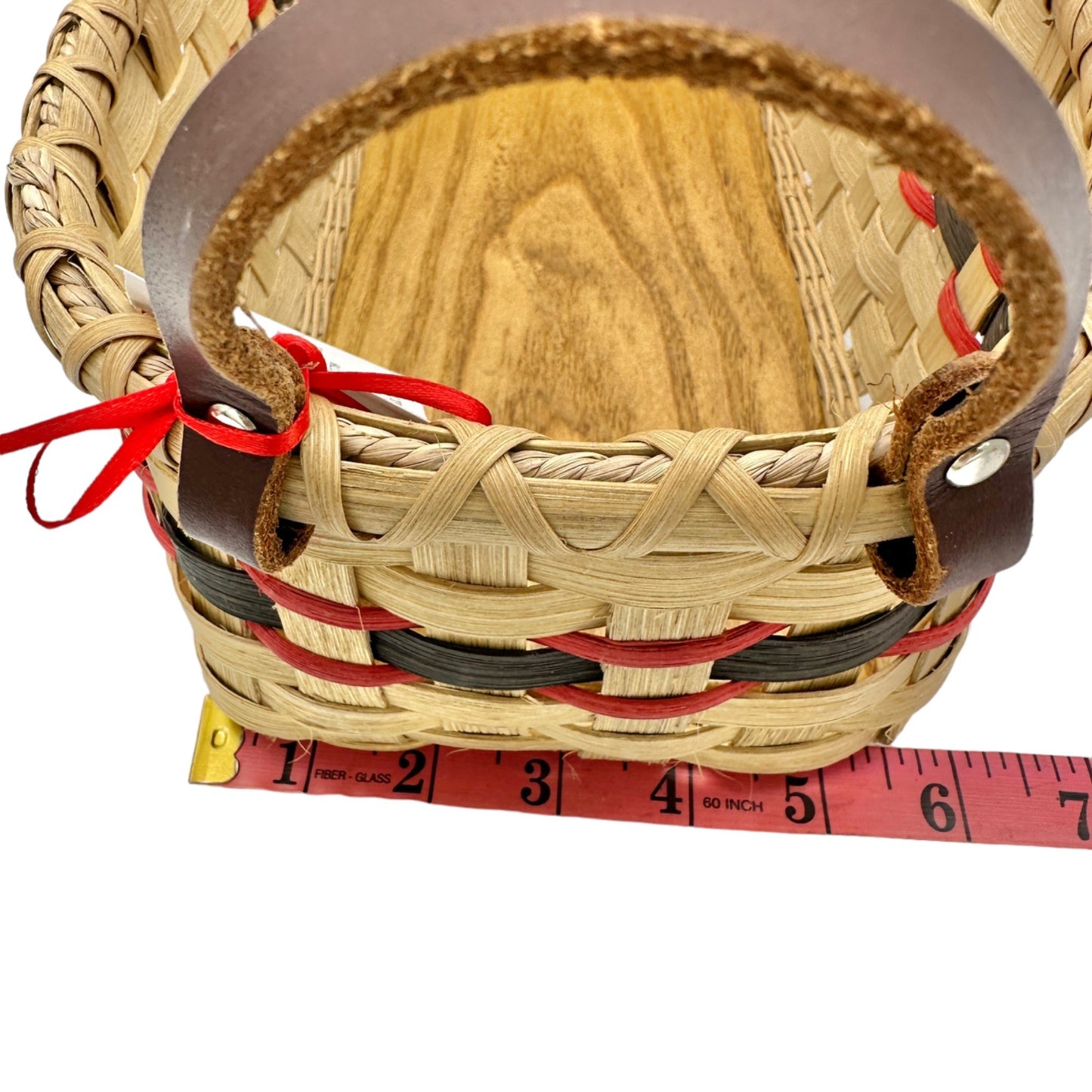 Handmade Basket Bread Basket Red and Green Accent Leather Handles Wood Base