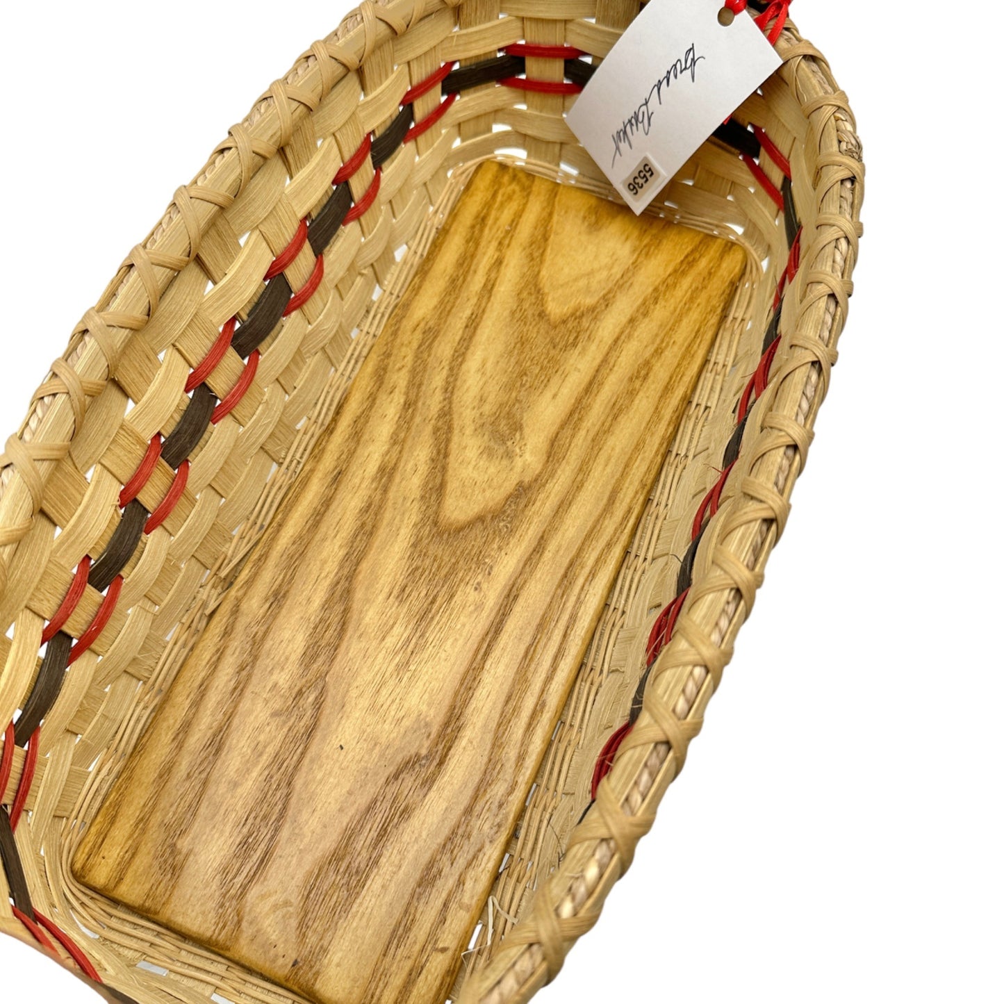 Handmade Basket Bread Basket Red and Green Accent Leather Handles Wood Base
