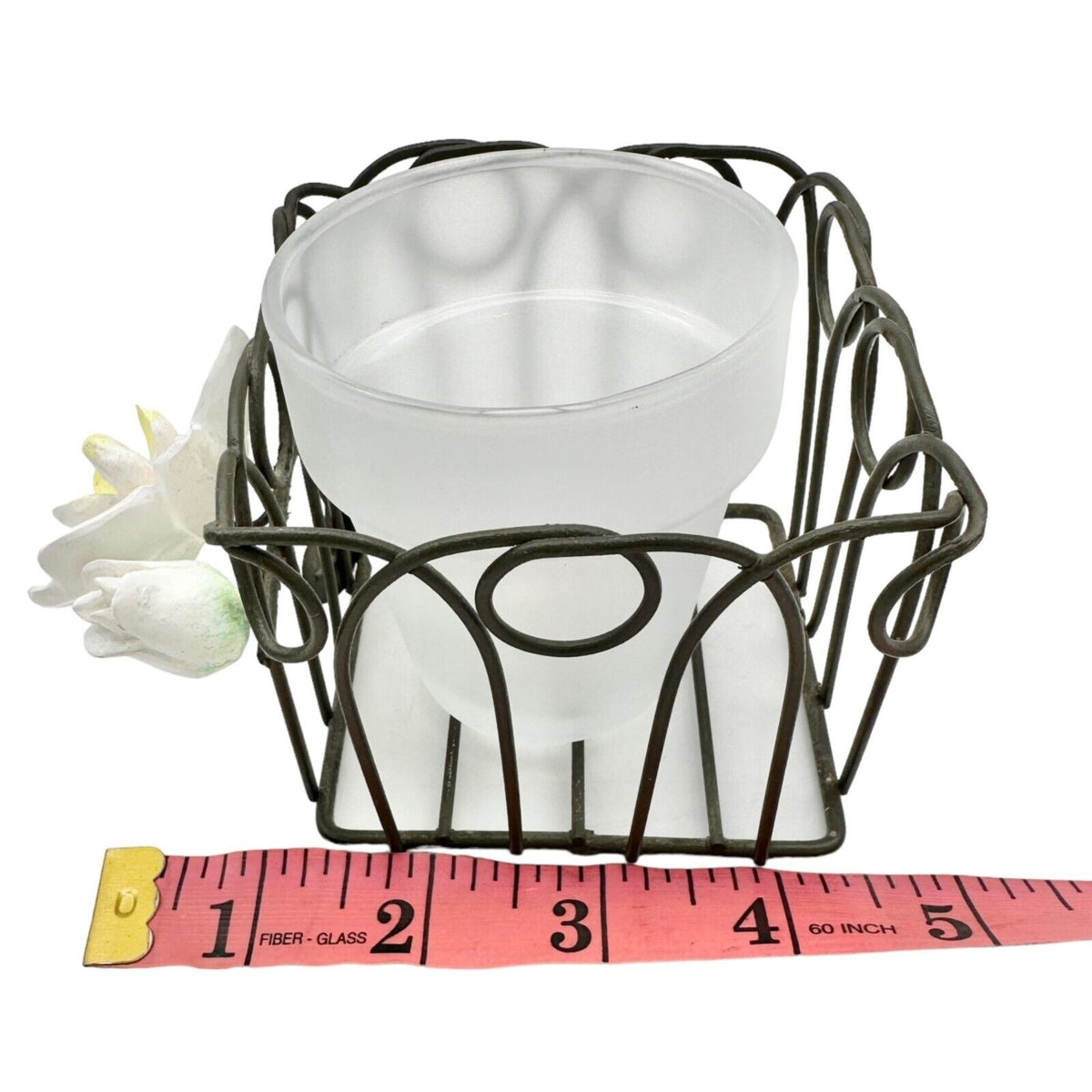 Votive Candle Holder Wire Glass 4.5 x 3 x 3 3D Flowers Attached