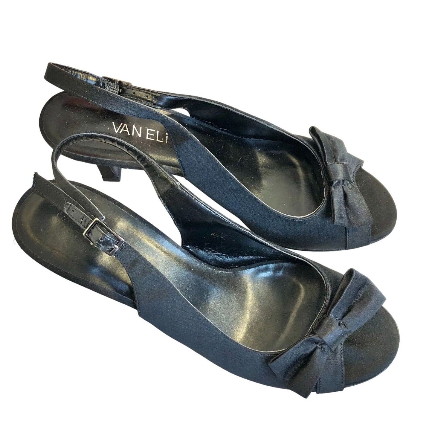 Van Eli Lorilyn Black Satin Womens 8.5 N Slingback Pumps Open Toe Bow Accent