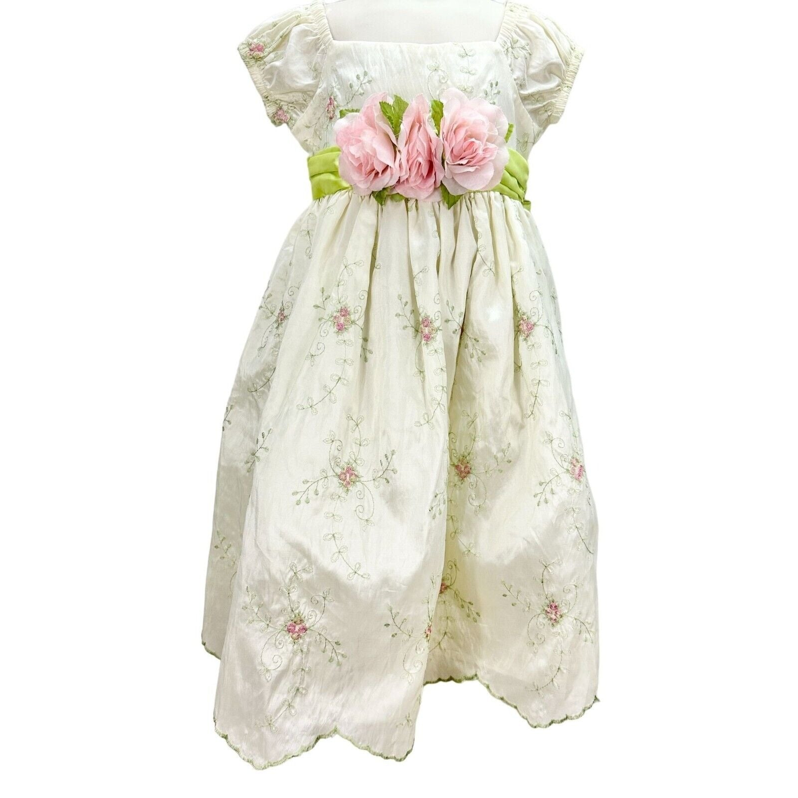 Crayon Kids Child's Dress Size 4T Green Pink Flowers Short Sleeve Crayon Kids Child's Dress Size 4T Green Pink Flowers Short Sleeve
