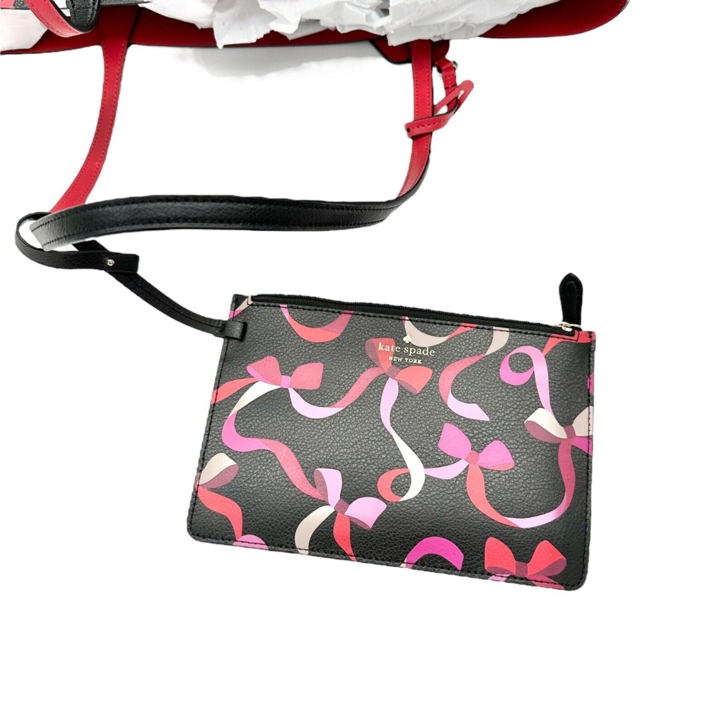 Kate Spade NY Tote Bag Black Pink Wrapping Party Design With Pouch Leather NEW
