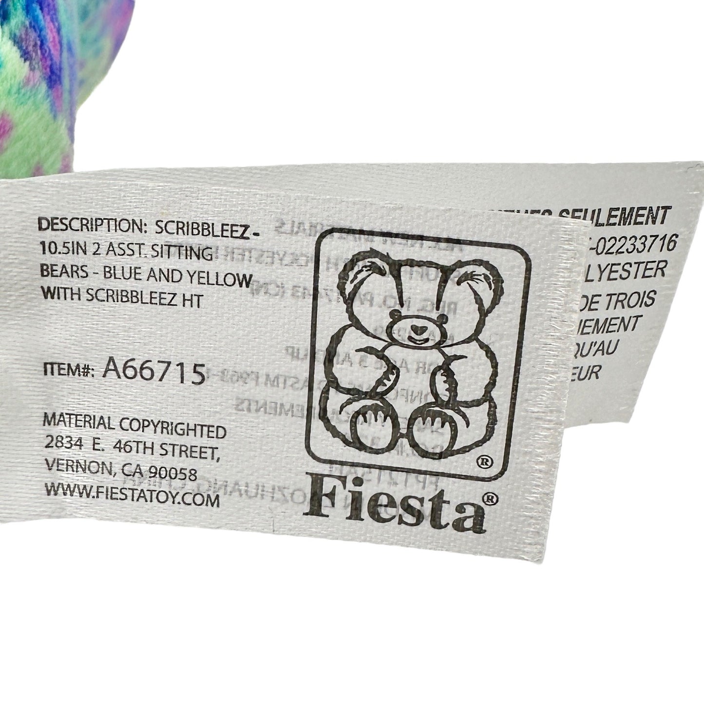Fiesta Sitting Scribble Plush Bear Toy Blue Yellow Green Age 3+ 11x10x7