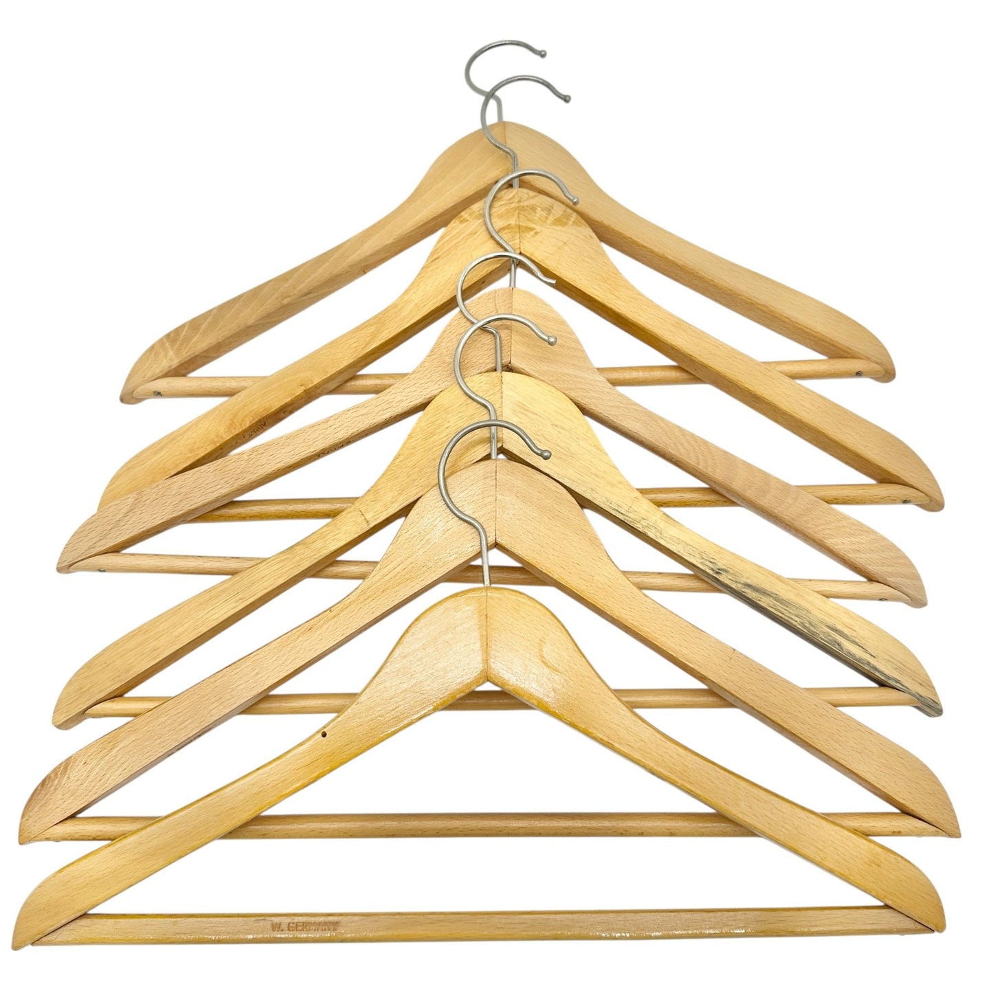 Set Of 6 Vintage Wooden Clothes Hangers With Metal Hooks Made In W. Germany