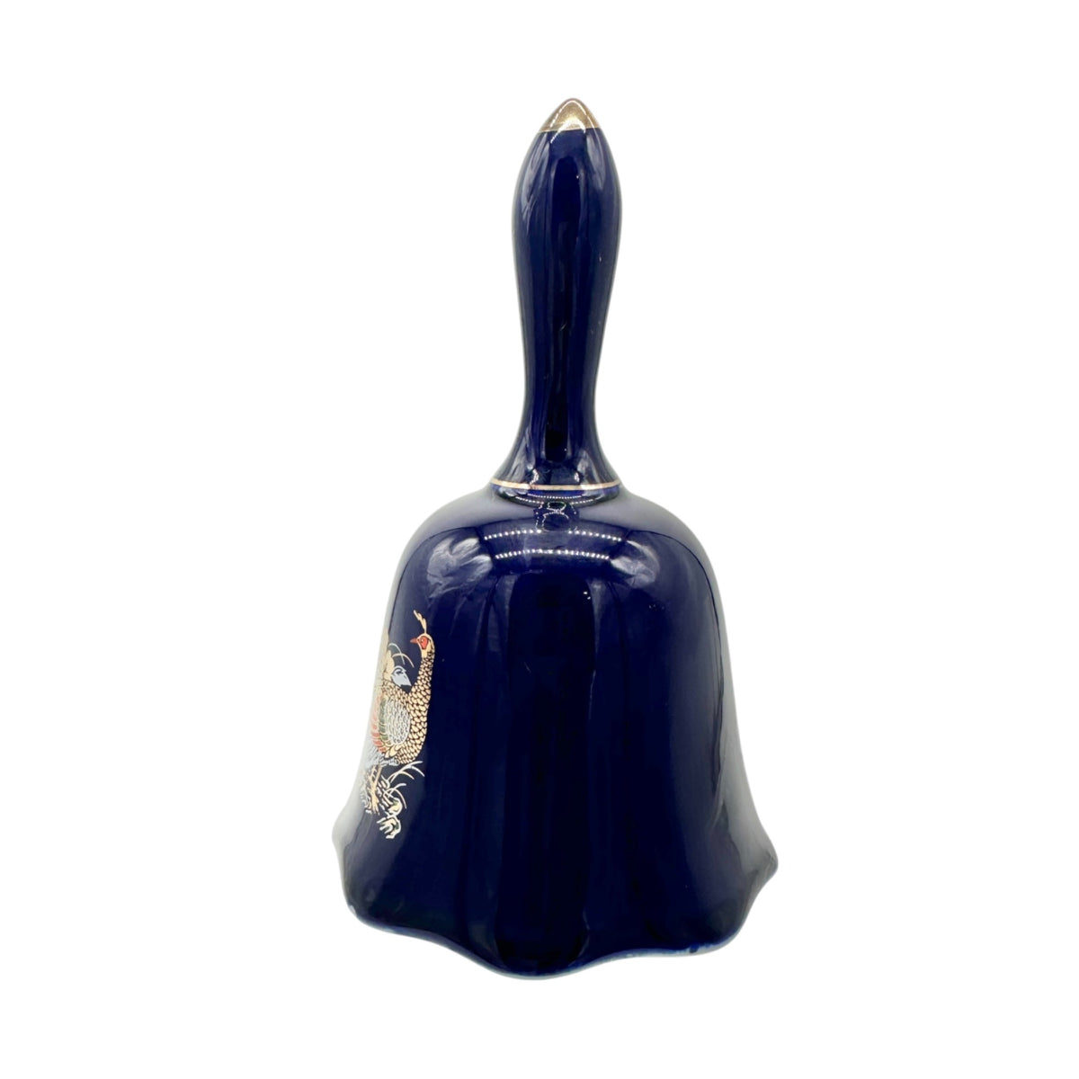 Vintage Navy Porcelain Bell With Golden Peacock and Floral Design 5.5" Tall