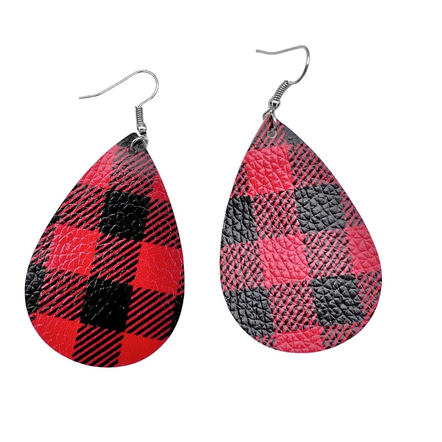 Earrings Pierced Drop Teardrop Red Black Buffalo Plaid Faux Leather NEW