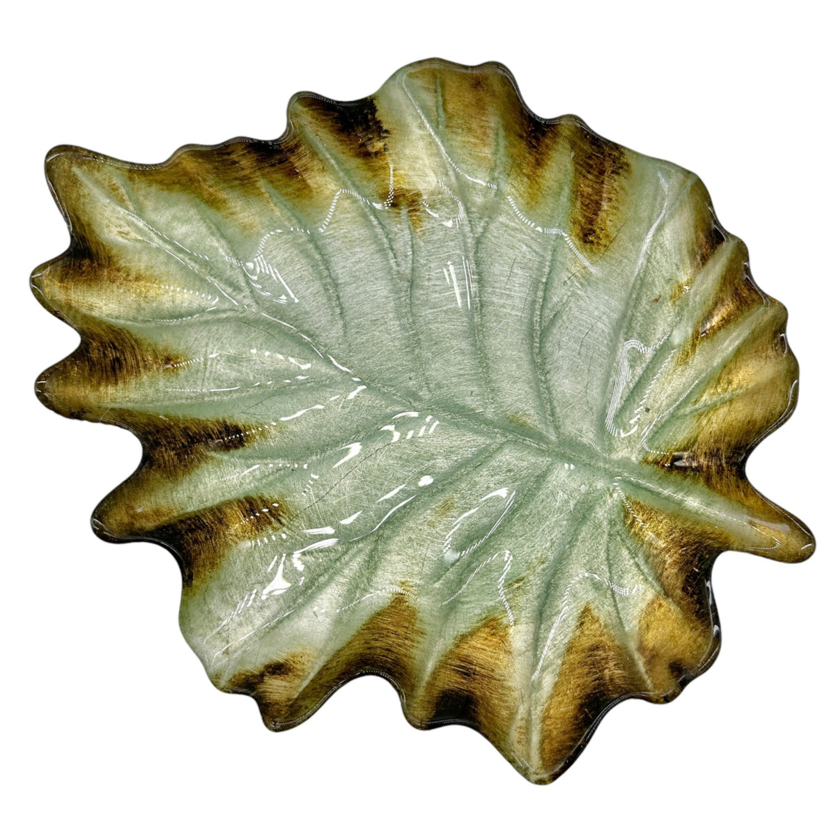 Leaf-Shaped Metal Trinket or Candy Dish Green and Gold 10 x 8 inches