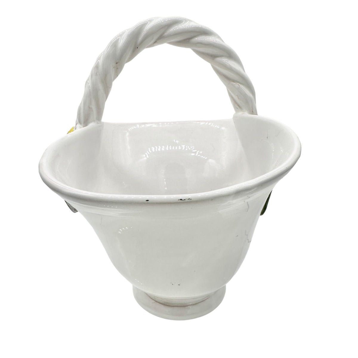 Handmade Ceramic Pottery Basket White with Lemon Leaf Design Vallauris France