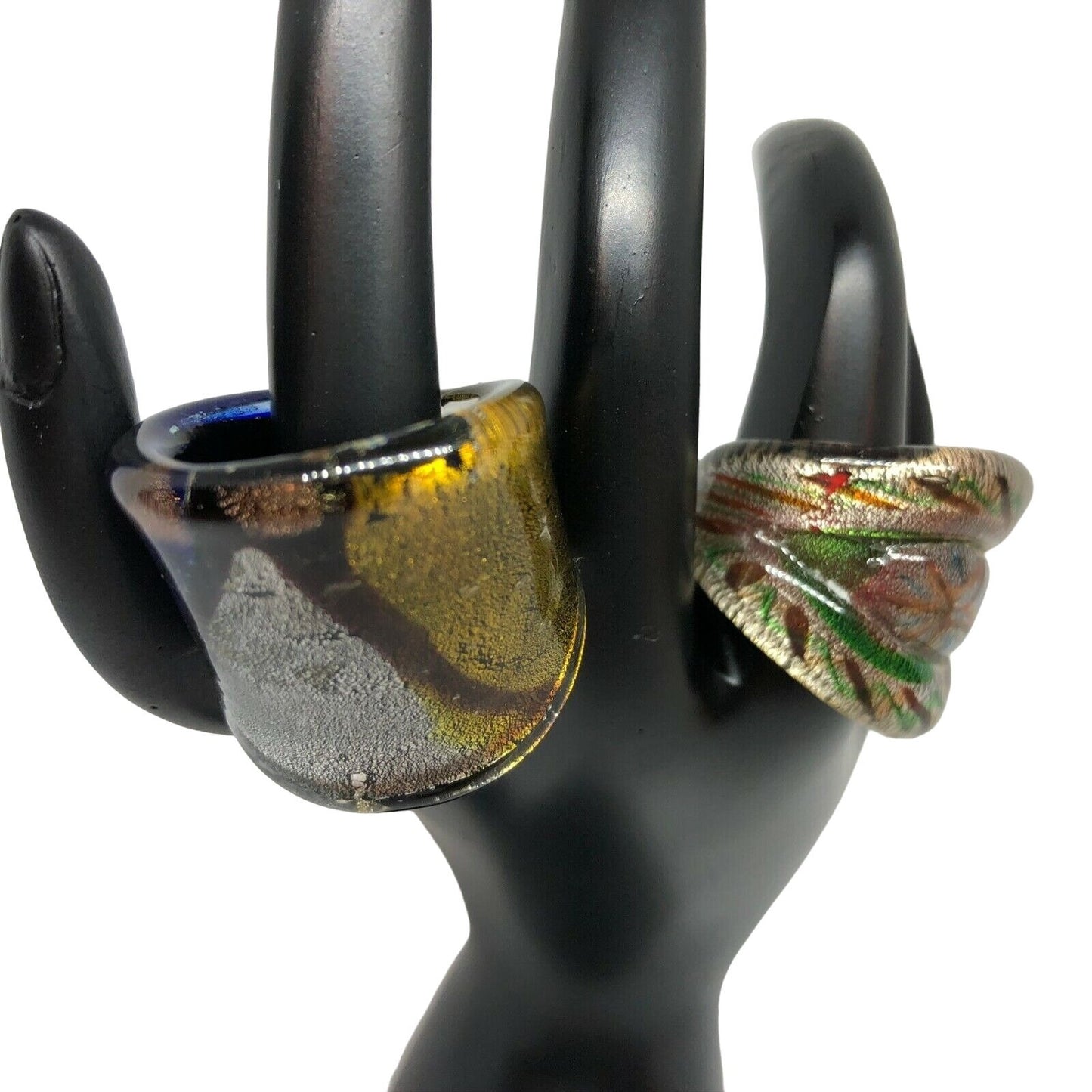 Pair of Size 8.5 Fused Glass Rings Pink Green Blue Gold Silver EUC