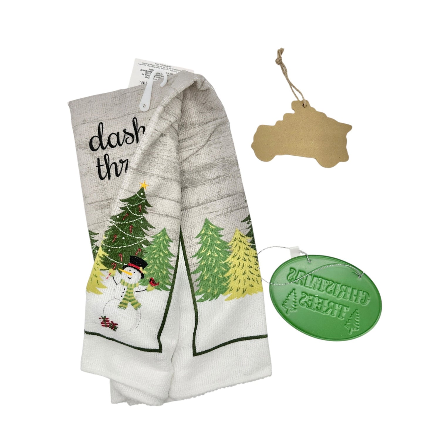 Christmas Winter Set Kitchen Towel 15x25 plus 2 Matching Tree Themed Ornaments