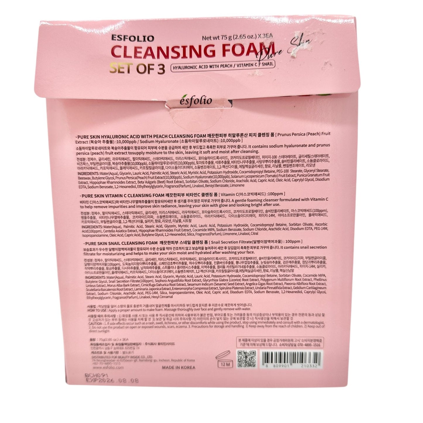 Esfolio Cleansing Foam Set Of 3 With Hyaluronic Acid Peach & Snail For All Skin