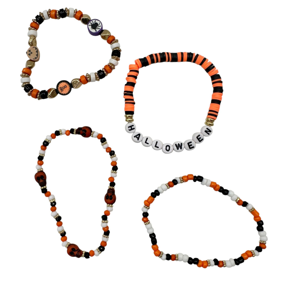 HALLOWEEN Beaded Stretch Bracelet 4 Pack Orange Black White Gold
