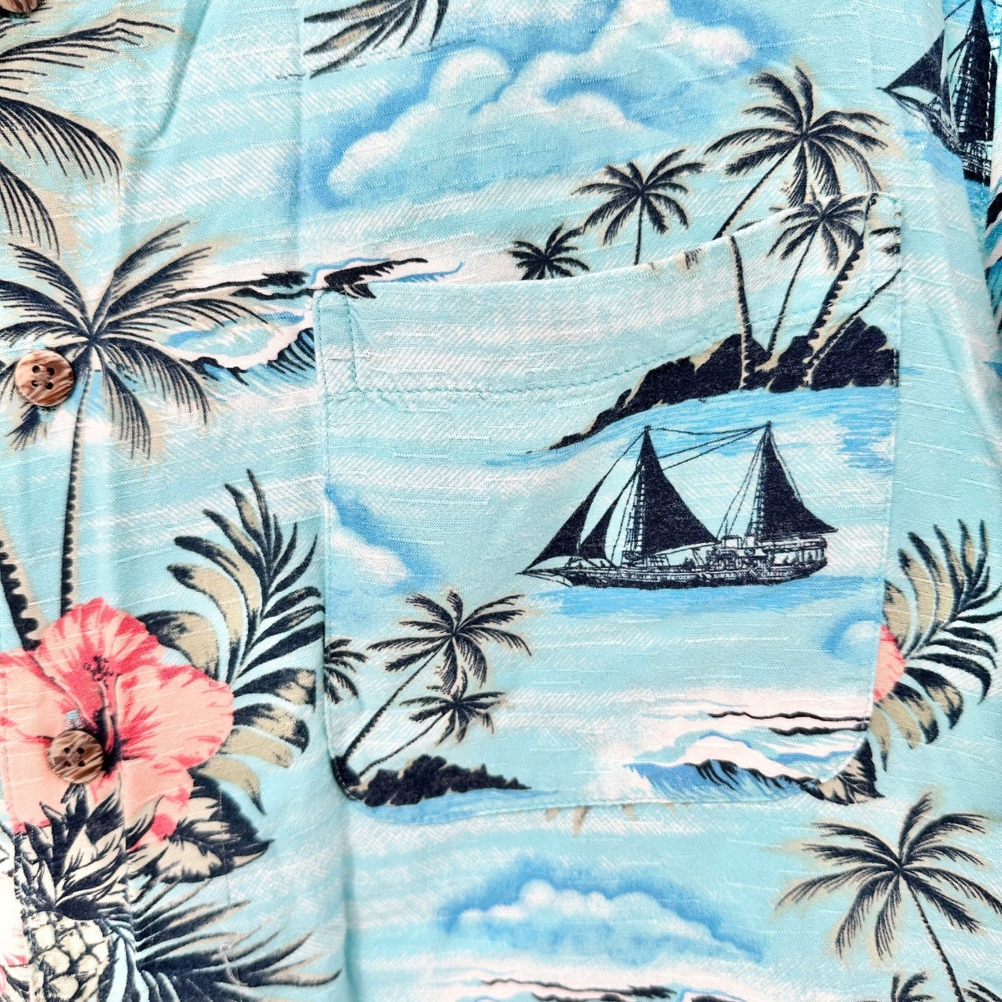 George Tropical Hawaiian Shirt Mens XL Lt Blue Pink Hibiscus Sailboats Rayon SS
