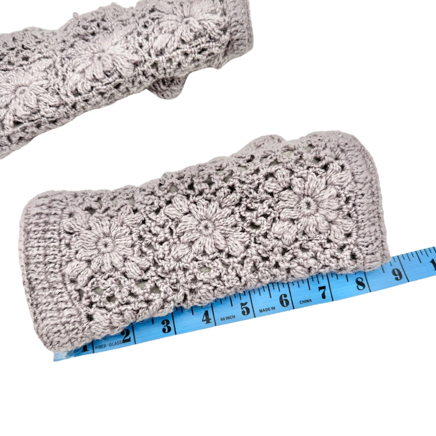 Crochet Fingerless Gloves Floral Design Fleece Lining Lavender Gray Womens